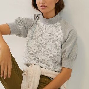 Anthropologie Greta Lace Gray and White Lace Sweatshirt Top Size S